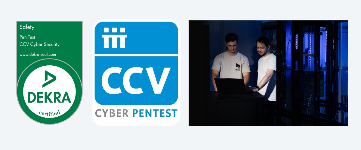 Ethisch hackers van MKB Cyber Campus bij serverracks met CCV Cyber Pentest en DEKRA certificaat logo's.