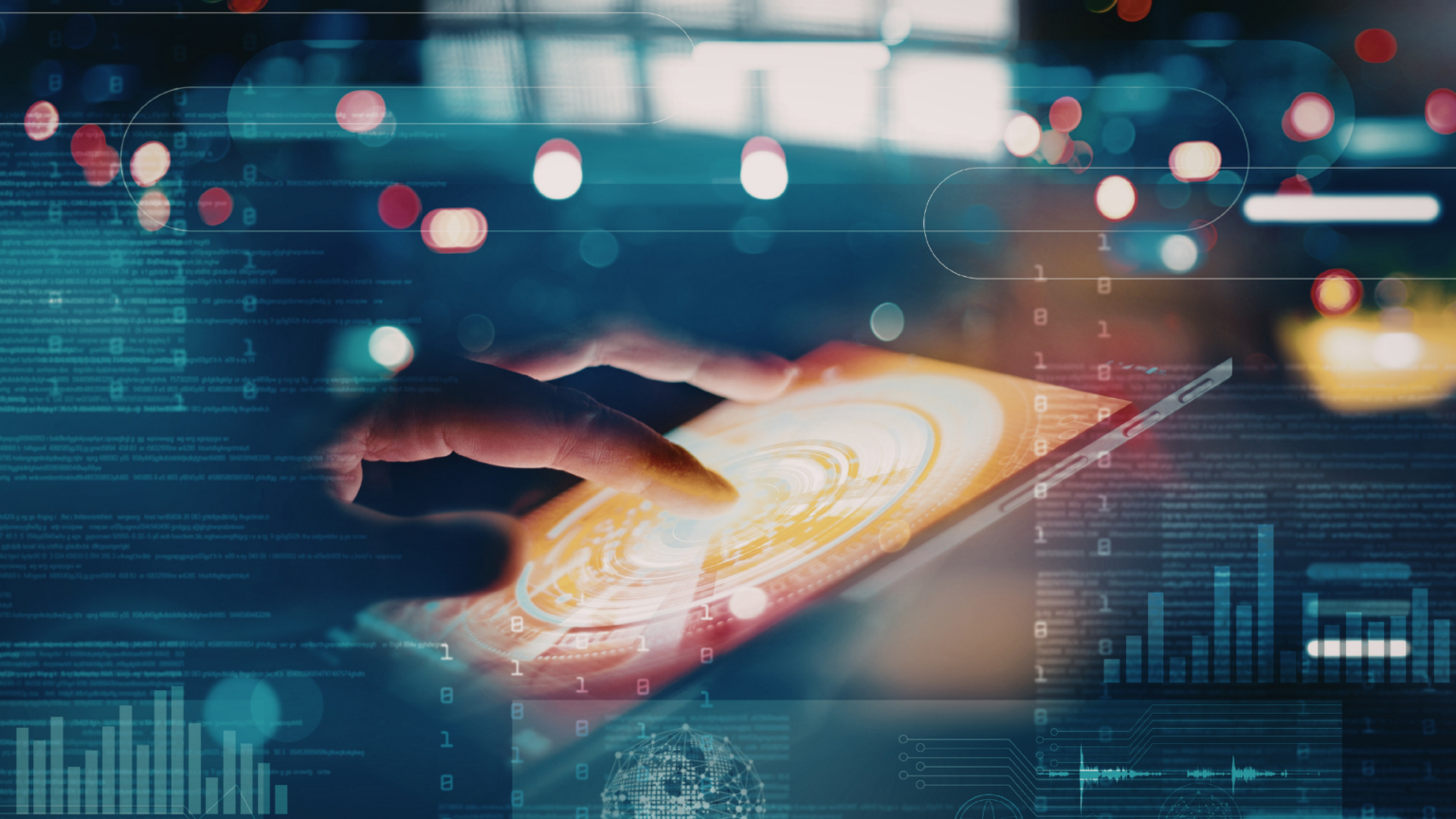 "Hand met tablet toont digitale transformatie en data-analyse met futuristische visualisaties, symboliserend innovatie, automatisering en kunstmatige intelligentie."